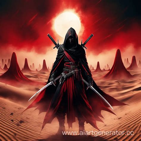 Mysterious Desert Assassin with Dual Katanas and Fiery Aura | AI Art ...