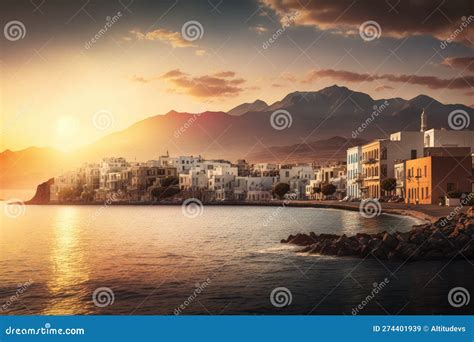 Cityscape with Sunset, Seen from the Shoreline of Crete Stock ...