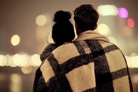 couple embracing  night  city lights  background stock image
