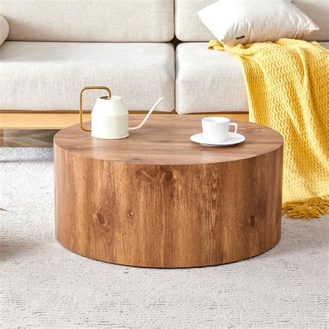 Brown Rustic Coffee Table Round Coffee Table for Living Room, Drum