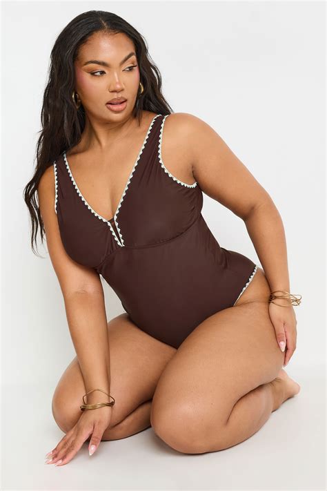 YOURS Plus Size Chocolate Brown Blanket Stitch Plunge Swimsuit | Yours ...