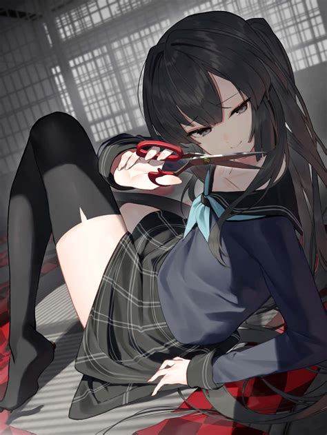 Download Scissor Girl Wearing Thigh High Socks Wallpaper | Wallpapers.com