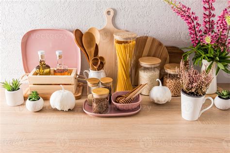 a set of modern kitchen utensils in an environmentally friendly kitchen