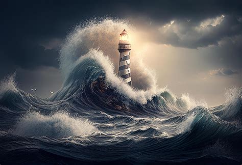 Surreal image of stormy sea with lighthouse. 3D rendering 22653707
