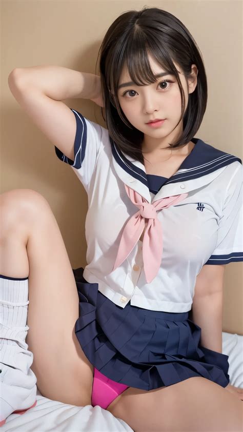 セーラー服を着たアジア系の女性がベッドに座っている - SeaArt AI