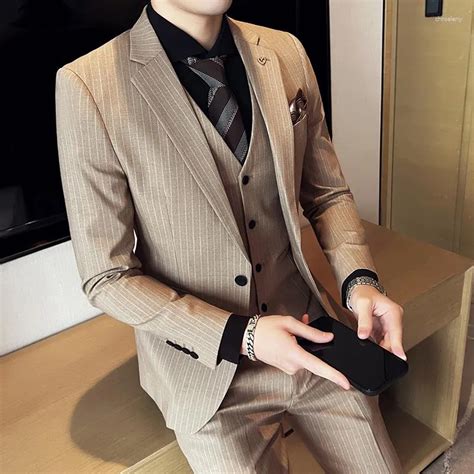 2023 Fine Striped Striped Suit Men Set British End Korean Slim Business Suit With Vest And Pants ...