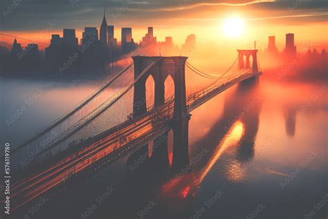 Brooklyn bridge on sunrise in fog, aerial view. Brooklyn Bridge in New ...