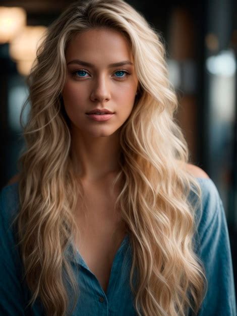 Hermosa mujer rubia pelo largo ojos azules | Foto Premium