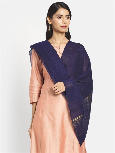 buy fabindia women navy blue gold toned woven design silk stole