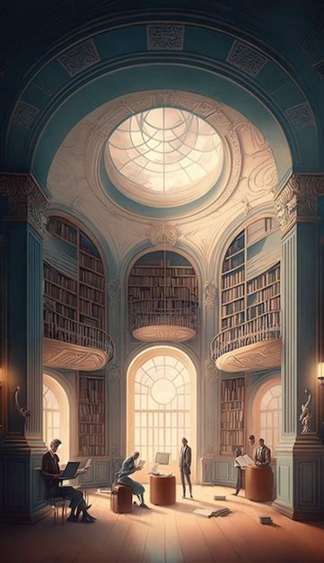 Premium AI Image | A painting of a library with a large window that ...