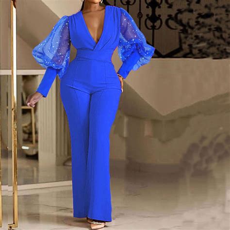Joau Women's Casual Sequins Jumpsuits Sheer Mesh Puff Long Sleeve Deep
