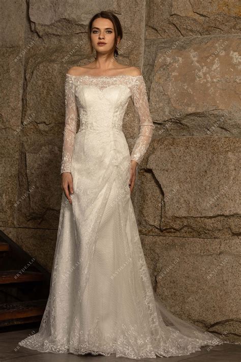 Off Shoulder Sheer Sleeve Designer Lace Mermaid Elegant Wedding Dress