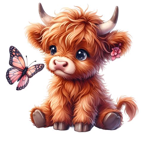 Highland Cow Butterfly Clipart, Cute Cartoon Highland Cows Butterflies ...