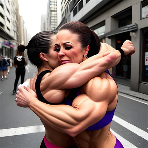 unreal supersize female bodybuilder, hugging on street - Arthub.ai
