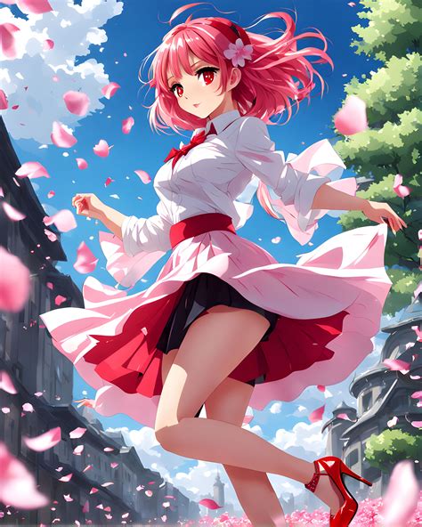 Beautiful anime girl in a very short skirt. Her hair is blow... by