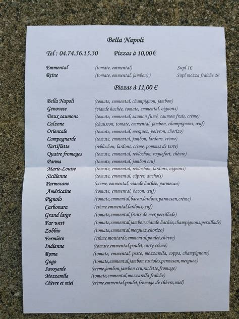 Menu au Bella Napoli pizzeria, Saint-Clair-du-Rhône