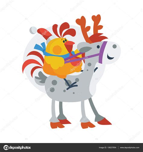 Rooster Bird Ride on Horse. Cock in Santa s Hat Stock Vector Image by