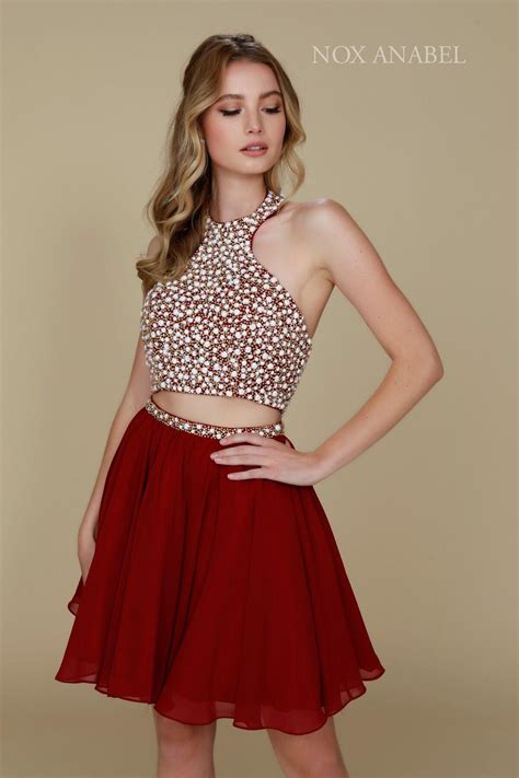 Burgundy Homecoming Short Two Piece Set Beaded Halter Prom Dress