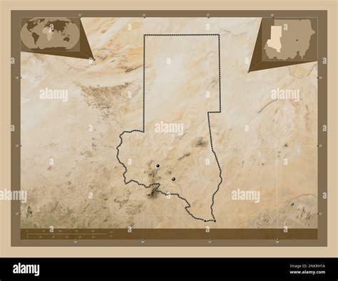 North Darfur, state of Sudan. Low resolution satellite map. Locations ...