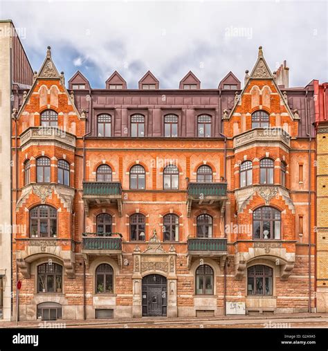 The front facade of one of the many beautiful old historic buildings that Helsingborg in Sweden ...