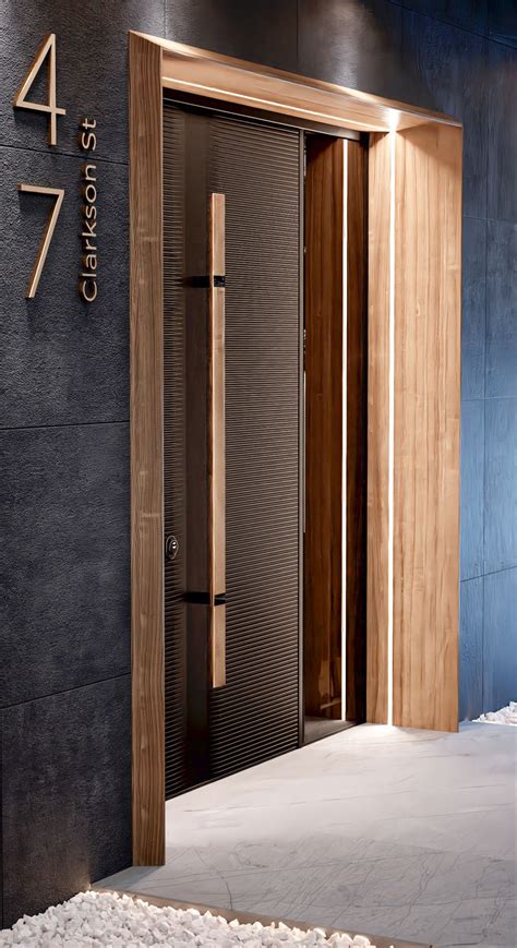 Amazing entrance door. Black and wood style. Electronic handle