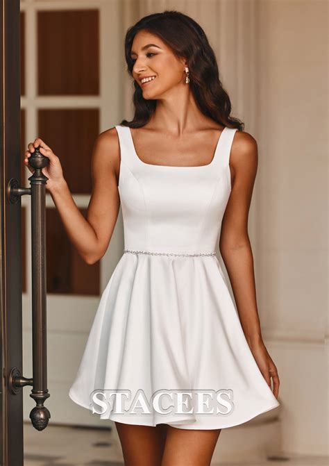 A-line Satin Wedding Dress Square Neckline Short/Mini with Beading