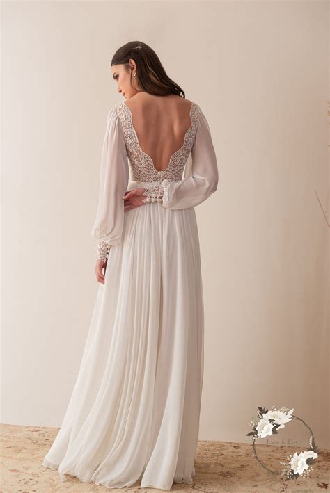 Long Sleeve Boho Wedding Dress Backless Wedding Dress Lace - Etsy