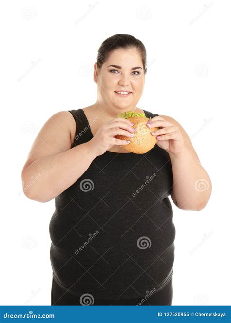 Mujer Gorda Con La Hamburguesa Imagen de archivo - Imagen de fondo
