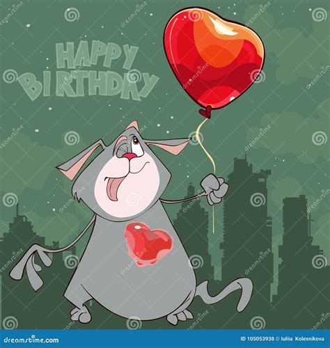 Cartoon Cat with a Balloon Heart Happy Birthday Stock Vector ...