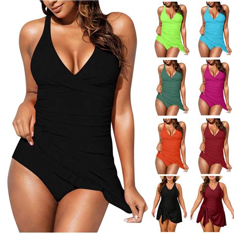 UPPADA One Piece Plus Size Bathing Suit Dress for Women Deep V Neck
