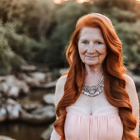 A beautiful elderly redhead woman with long flowing...