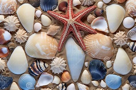display   types  seashells   sandy beach stock photo