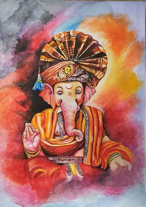 Lord Ganesha Hand Painted Painting On Canvas H Without Frame
