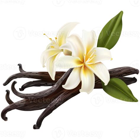 Realistic vanilla fruit and vanilla flowers, transparent background