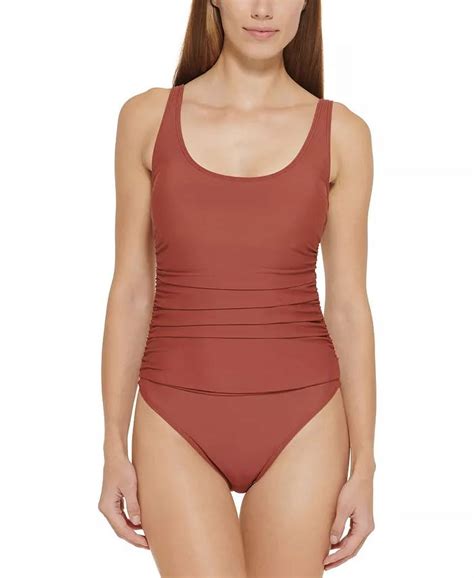 DKNY WHISKEY SOUR Ruched Mesh-Contrast One-Piece Swimsuit, US 12