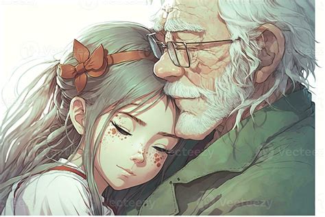 Anime girl sleeping with grandpa, manga style illustration 23967633