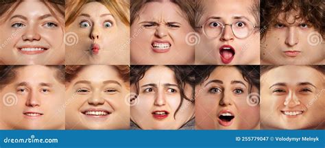 set  funny portraits   young people faces expressing
