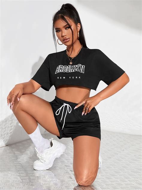 letter graphic drop shoulder crop tee drawstring waist shorts