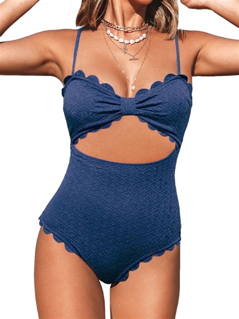 Cupshe Women's Blue One Piece Swimsuit Sexy Cutout Scallop Trim Bathing