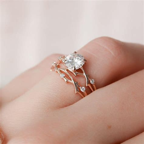 Twig Wedding Ring Set, Moissanite Twig Ring,1ct Dainty Twig Engagement