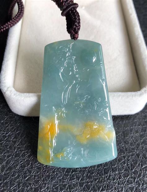 Natural Blue Jadeite Necklace Yellow Floats Jadeite Landscape Carving ...