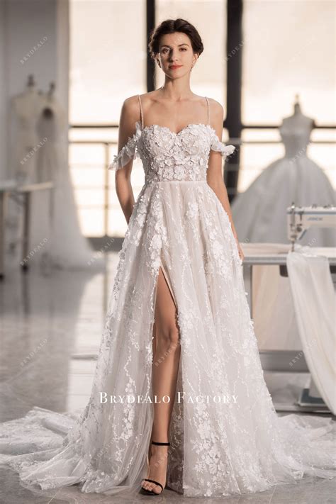 Designer 3D Lace Cold Shoulder Romantic Designer Long Wedding Dress