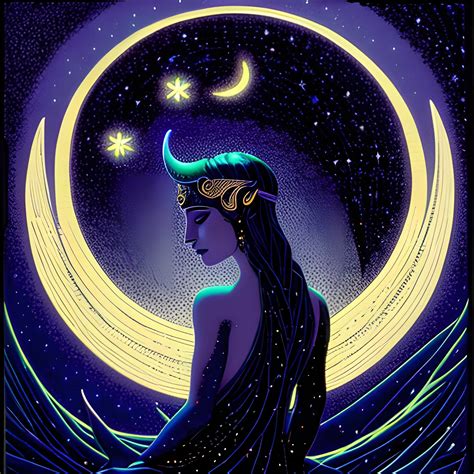Nyx Goddess of the Night with a crescent moon and many stars in the