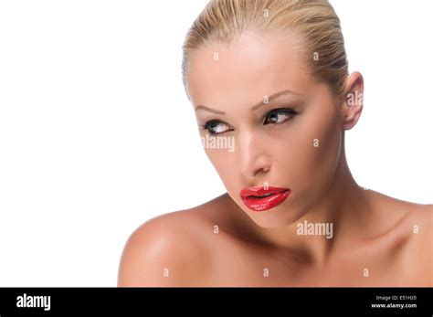 woman  bright red lips stock photo alamy