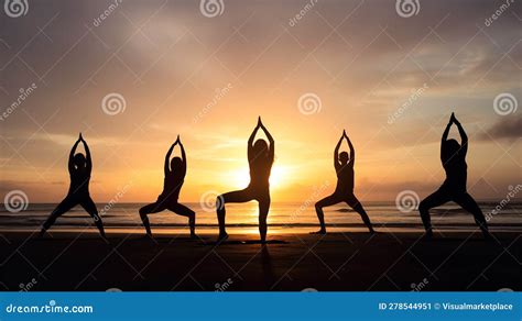 Yoga Poses Silhouette at Beach Sunset Stock Illustration - Illustration ...