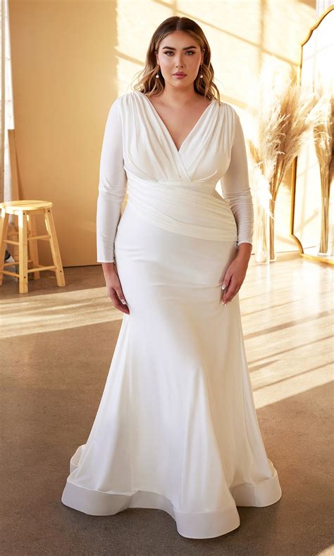Long-Sleeve Plus-Size White Formal Dress - PromGirl