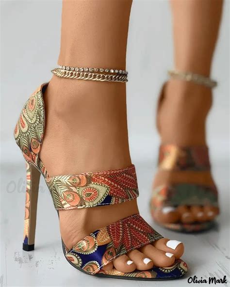 olivia mark peacock feather print double band stiletto heels