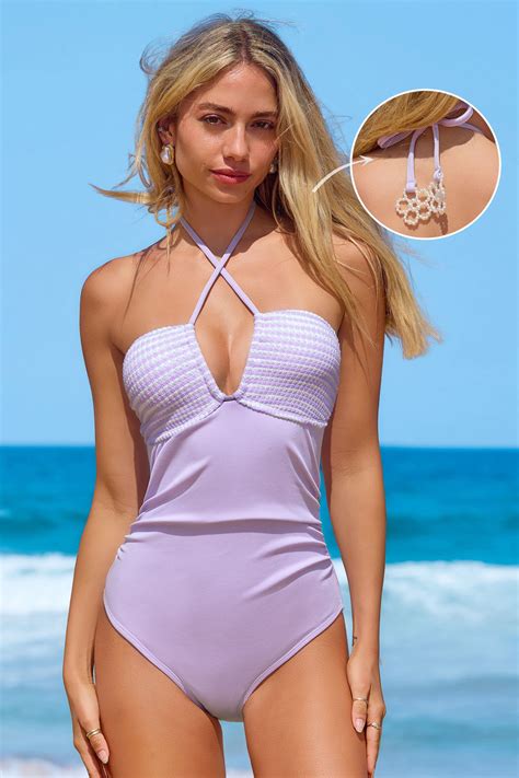 Lilac Ribbed V-Wire One-Piece Swimsuit | Lavender sleeveless swimwear