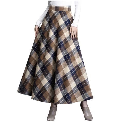 JNGSA Womens Long Skirts, Womens Woolen Plaid Skirt Winter Mid Length