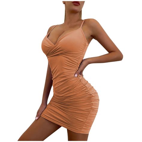 Bodycon Mini Dress Ladies Ruched Spaghetti Strap Sleeveless V-Neck Club